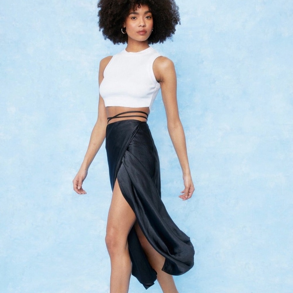 Nasty Gal Strappy Satin High Waisted Midi Skirt US Size 8